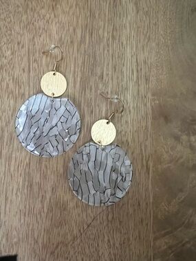 Gold Disc Drop Earrings with Grey Mosaic Acrylic Circles
